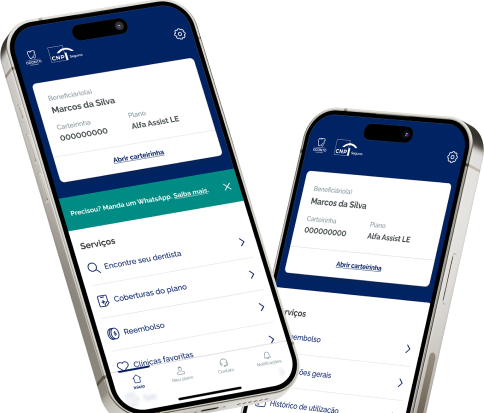 Imagem de dois aparelhos iPhones exibindo a tela inicial do aplicativo CNP Odonto Empresas